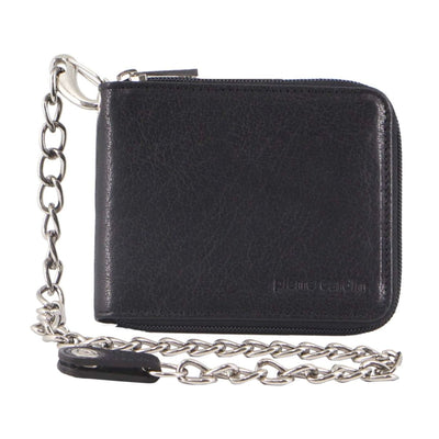Pierre Cardin Zip Around Mens Leather Wallet with Chain in Black