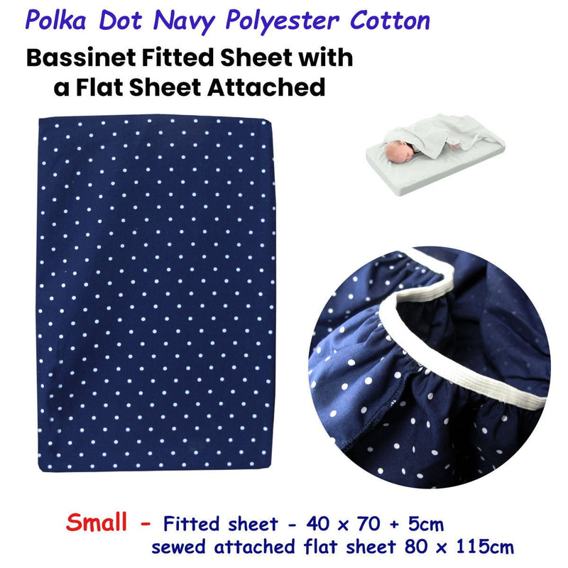 Polka Dot Navy Polyester Cotton Bassinet Fitted Sheet with a Flat Sheet Sewed Attached Payday Deals