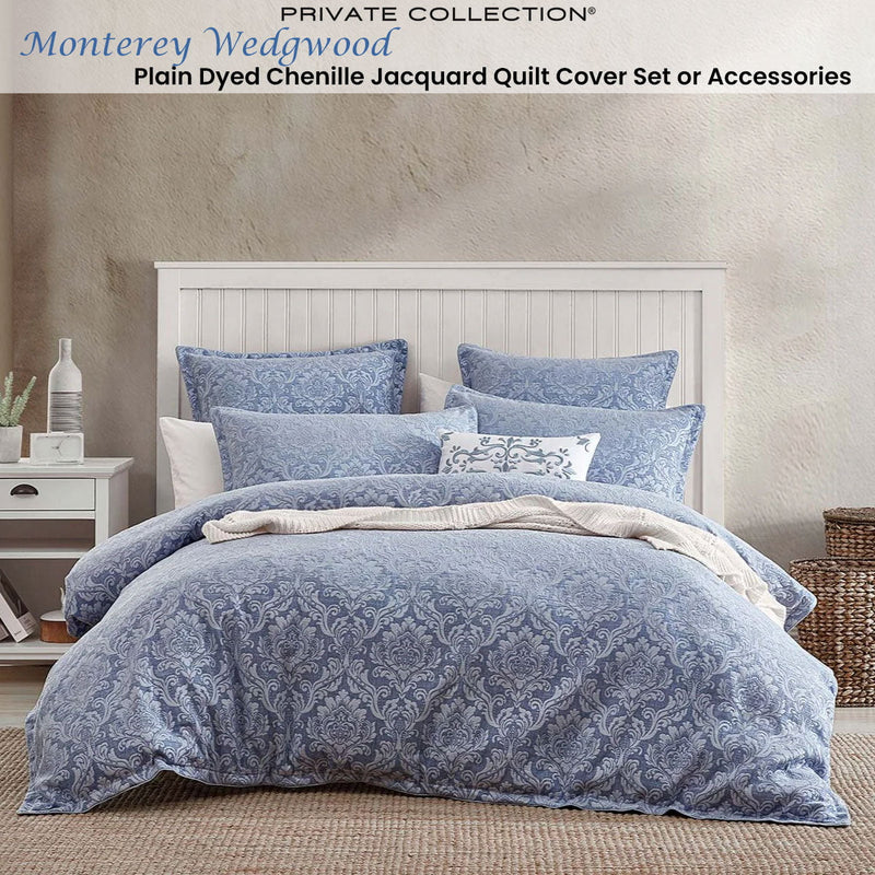 Private Collection Monterey Wedgwood Plain Dyed Chenille Jacquard Quilt Cover Set King Payday Deals