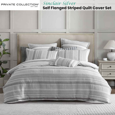 Private Collection Sinclair Silver Self Flanged Striped Quilt Cover Set Super King Payday Deals