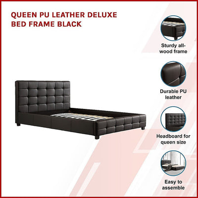 Queen PU Leather Deluxe Bed Frame Black Payday Deals