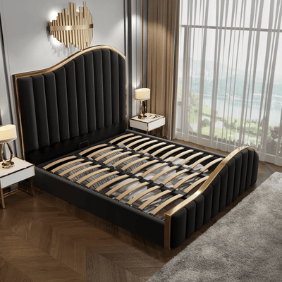 Queen Size Black Velvet Fabric Golden Metal Storage Elegant Luxury Bedframe Payday Deals