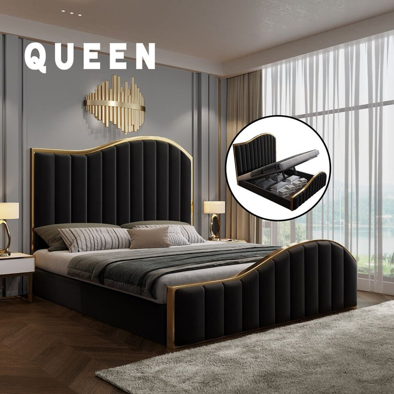 Queen Size Black Velvet Fabric Golden Metal Storage Elegant Luxury Bedframe Payday Deals