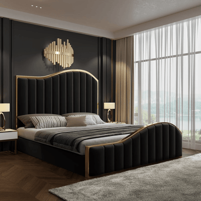 Queen Size Black Velvet Fabric Golden Metal Storage Elegant Luxury Bedframe Payday Deals