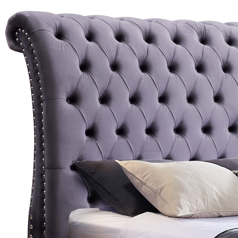 Queen Size Sleigh Bedframe Velvet Upholstery Grey Colour Tufted Headboard And Footboard Deep Quilting Payday Deals
