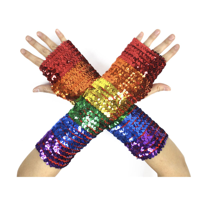 RAINBOW SEQUIN FINGERLESS GLOVES Mardi Gras Gay Pride LGBT Lesbian Party Payday Deals