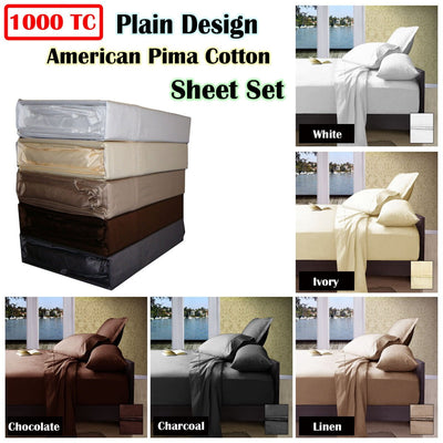 Ramesses 1000TC American Pima Cotton Plain Design Sheet Set Ivory Queen Payday Deals