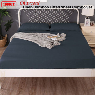 Ramesses 1000TC Linen Bamboo Fitted Sheet Combo Set Charcoal Queen Payday Deals