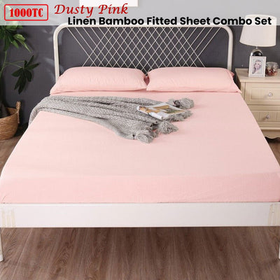 Ramesses 1000TC Linen Bamboo Fitted Sheet Combo Set Dusty Pink Queen Payday Deals