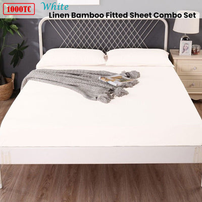 Ramesses 1000TC Linen Bamboo Fitted Sheet Combo Set White Queen Payday Deals