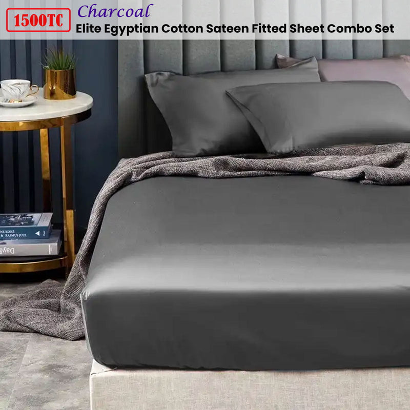 Ramesses 1500TC Elite Egyptian Cotton Sateen Fitted Sheet Combo Set Charcoal Double Payday Deals