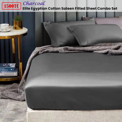 Ramesses 1500TC Elite Egyptian Cotton Sateen Fitted Sheet Combo Set Charcoal King Single Payday Deals