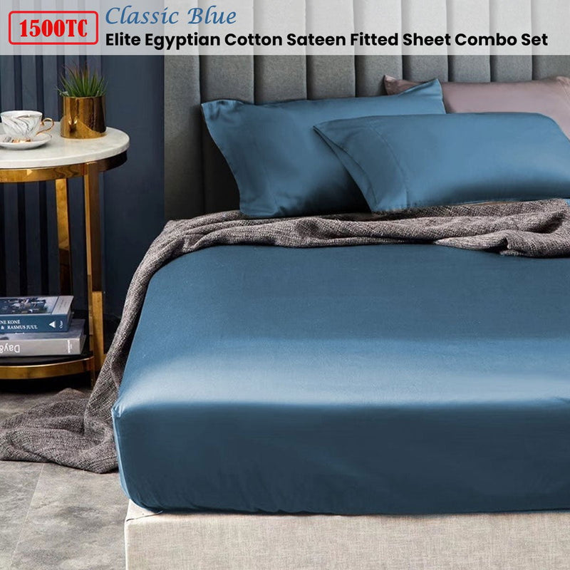 Ramesses 1500TC Elite Egyptian Cotton Sateen Fitted Sheet Combo Set Classic Blue Double Payday Deals