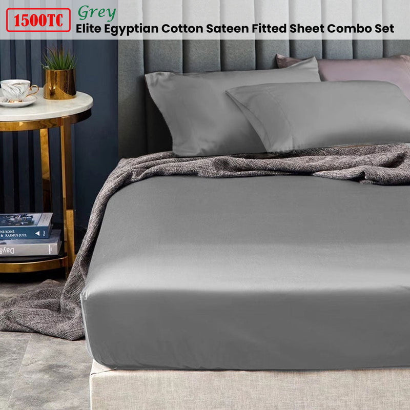 Ramesses 1500TC Elite Egyptian Cotton Sateen Fitted Sheet Combo Set Grey King Single Payday Deals