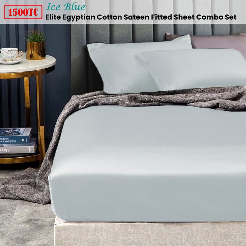 Ramesses 1500TC Elite Egyptian Cotton Sateen Fitted Sheet Combo Set Ice Blue King Payday Deals