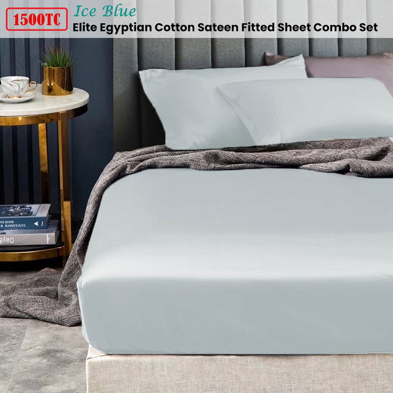 Ramesses 1500TC Elite Egyptian Cotton Sateen Fitted Sheet Combo Set Ice Blue King Single Payday Deals