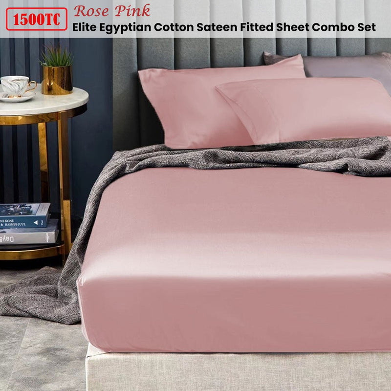 Ramesses 1500TC Elite Egyptian Cotton Sateen Fitted Sheet Combo Set Rose Pink Double Payday Deals