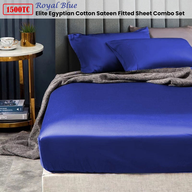 Ramesses 1500TC Elite Egyptian Cotton Sateen Fitted Sheet Combo Set Royal Blue Double Payday Deals