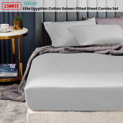 Ramesses 1500TC Elite Egyptian Cotton Sateen Fitted Sheet Combo Set Silver Double Payday Deals