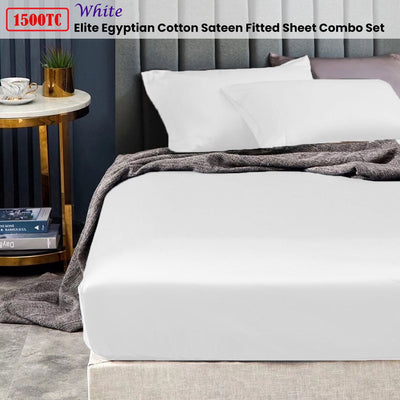 Ramesses 1500TC Elite Egyptian Cotton Sateen Fitted Sheet Combo Set White Double Payday Deals