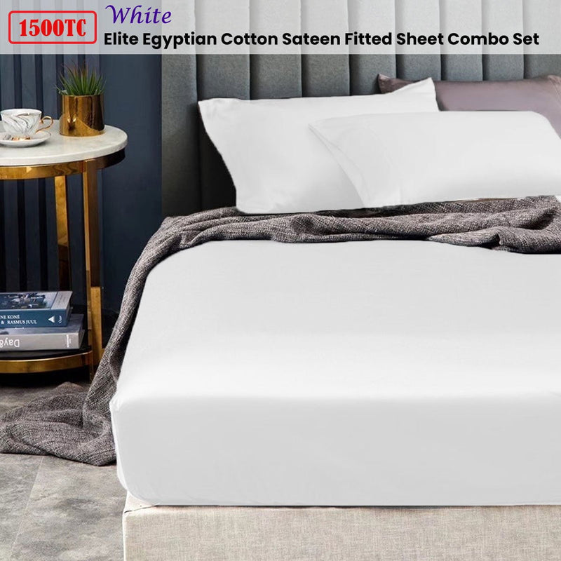 Ramesses 1500TC Elite Egyptian Cotton Sateen Fitted Sheet Combo Set White Mega King Payday Deals