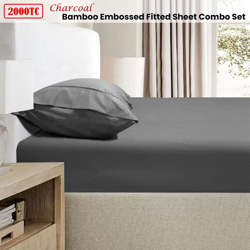 Ramesses 2000TC Bamboo Embossed Fitted Sheet Combo Set Charcoal Double Payday Deals