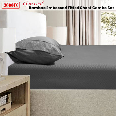 Ramesses 2000TC Bamboo Embossed Fitted Sheet Combo Set Charcoal King Payday Deals