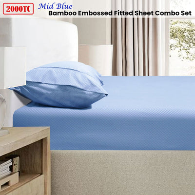 Ramesses 2000TC Bamboo Embossed Fitted Sheet Combo Set Mid Blue Double Payday Deals