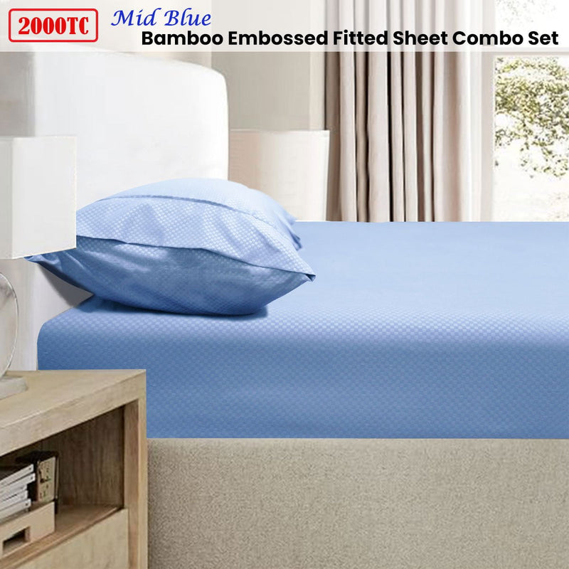 Ramesses 2000TC Bamboo Embossed Fitted Sheet Combo Set Mid Blue Queen Payday Deals