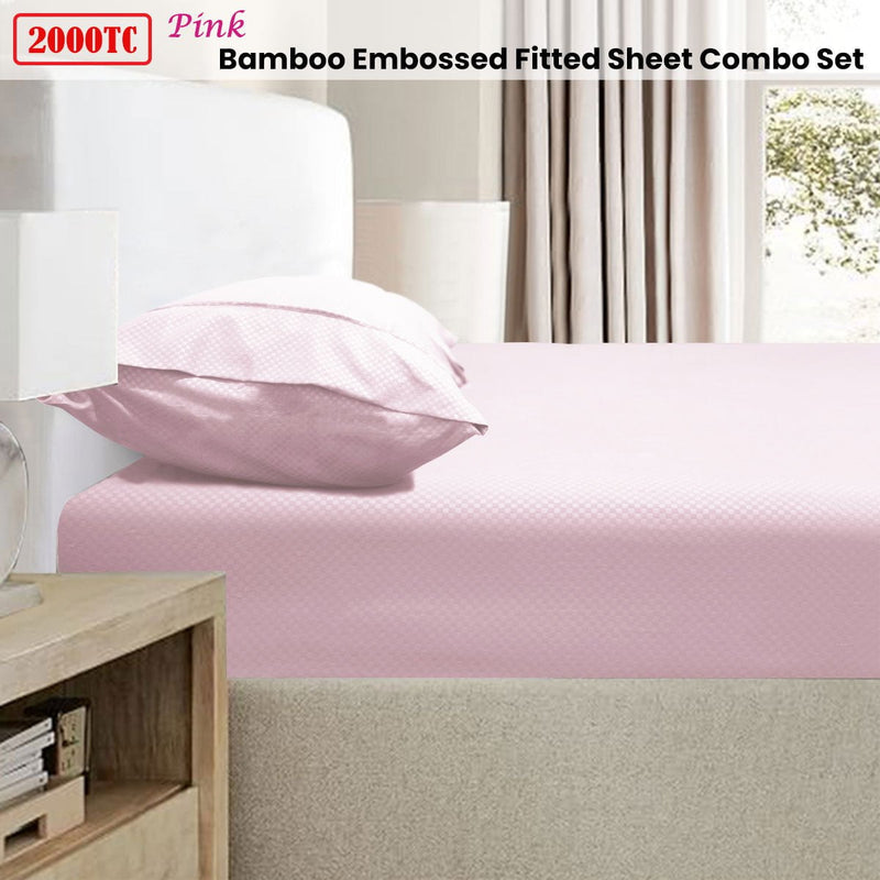 Ramesses 2000TC Bamboo Embossed Fitted Sheet Combo Set Pink King Payday Deals