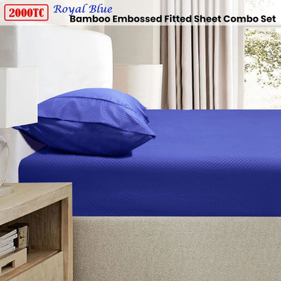 Ramesses 2000TC Bamboo Embossed Fitted Sheet Combo Set Royal Blue Double Payday Deals