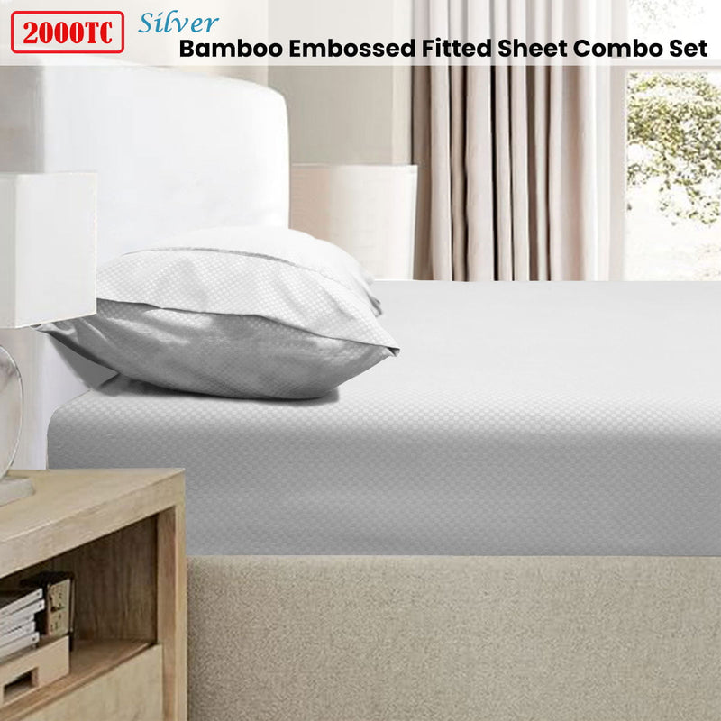 Ramesses 2000TC Bamboo Embossed Fitted Sheet Combo Set Silver Double Payday Deals