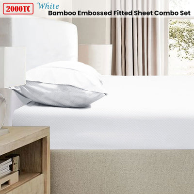 Ramesses 2000TC Bamboo Embossed Fitted Sheet Combo Set White Double Payday Deals