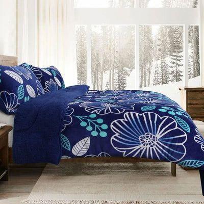 Ramesses Blue Flower Printed Sherpa Flannel Fleece Reversible Blanket Set Queen/King Payday Deals