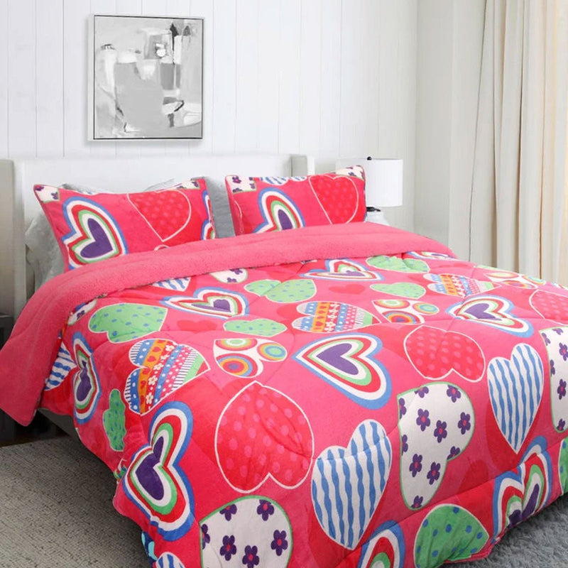 Ramesses Pink Heart Printed Sherpa Flannel Fleece Reversible Blanket Set Queen/King Payday Deals