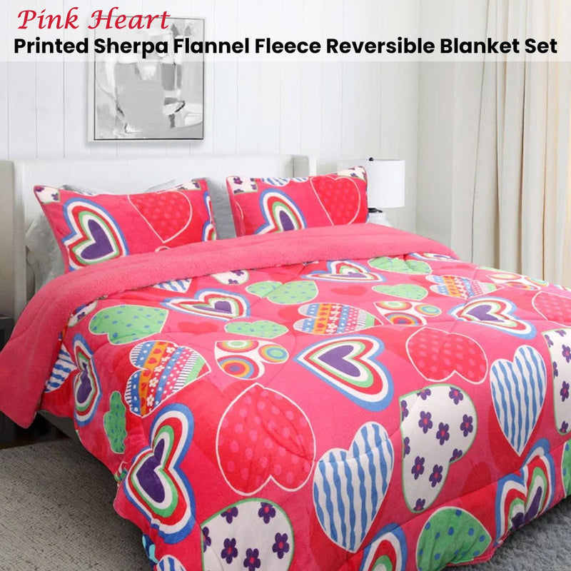 Ramesses Pink Heart Printed Sherpa Flannel Fleece Reversible Blanket Set Queen/King Payday Deals