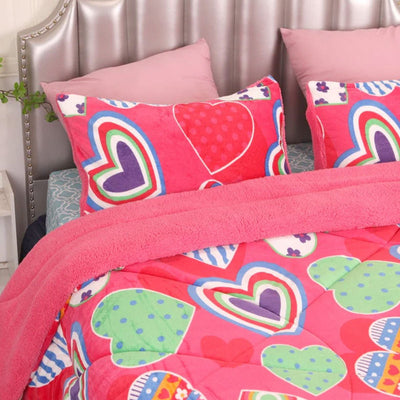 Ramesses Pink Heart Printed Sherpa Flannel Fleece Reversible Blanket Set Queen/King Payday Deals