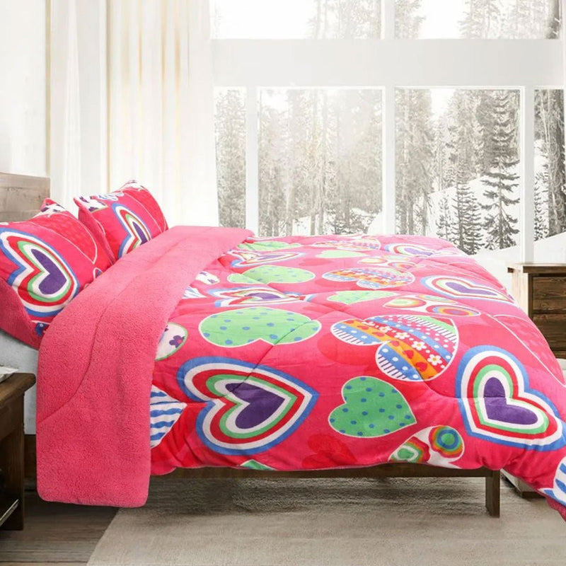 Ramesses Pink Heart Printed Sherpa Flannel Fleece Reversible Blanket Set Queen/King Payday Deals