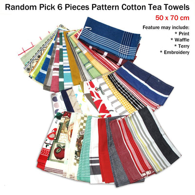 Random Pick Set of 6 100% Cotton Pattern Tea Towels - 50 x 70 cm Payday Deals