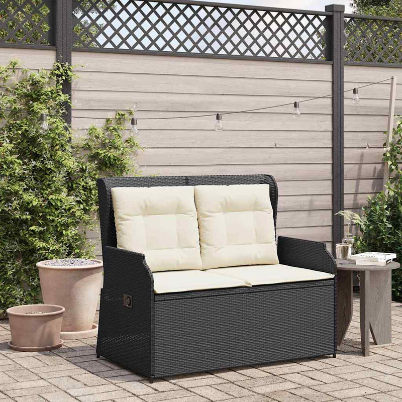 Reclining Garden Bench with Cushions Black Poly Rattan Payday Deals