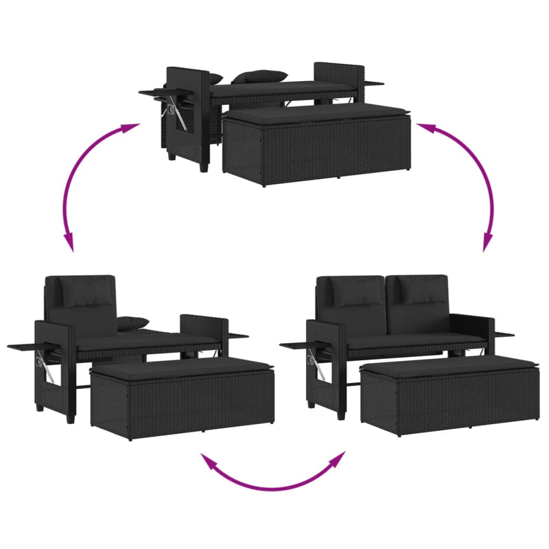Reclining Garden Bench with Cushions Black Poly Rattan Payday Deals