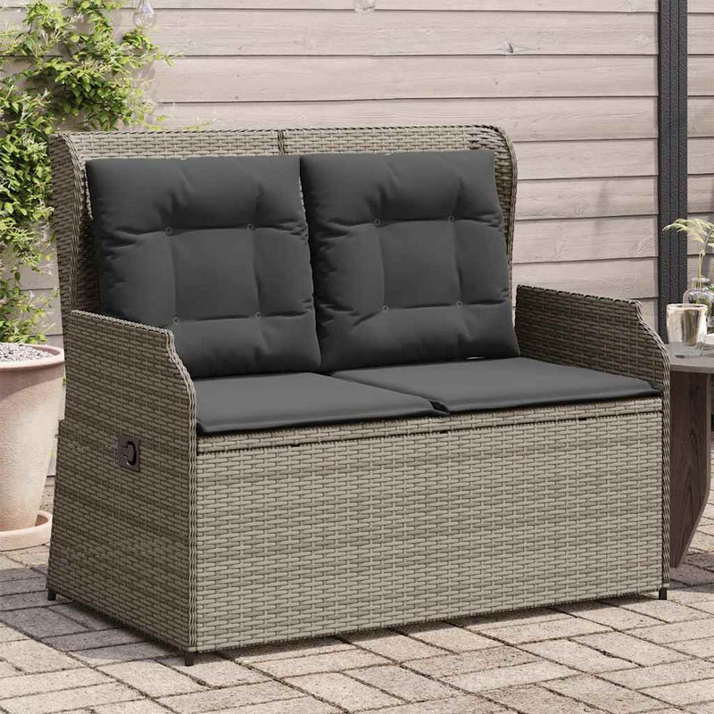 Reclining Garden Bench with Cushions Grey Poly Rattan Payday Deals