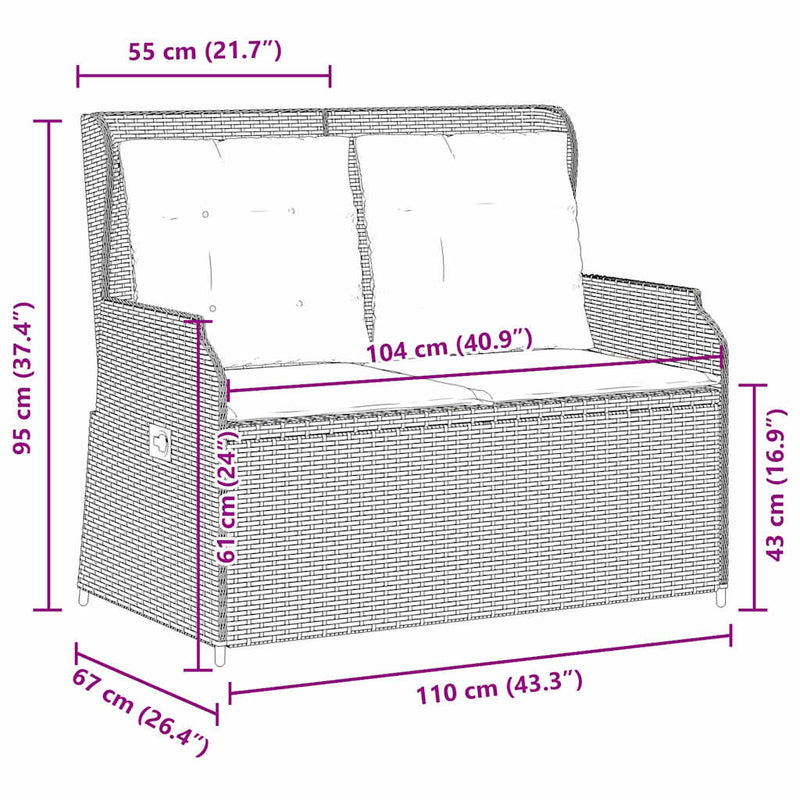 Reclining Garden Bench with Cushions Grey Poly Rattan Payday Deals