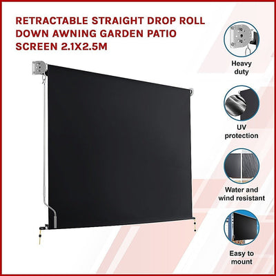 Retractable Straight Drop Roll Down Awning Garden Patio Screen 2.1X2.5M Payday Deals