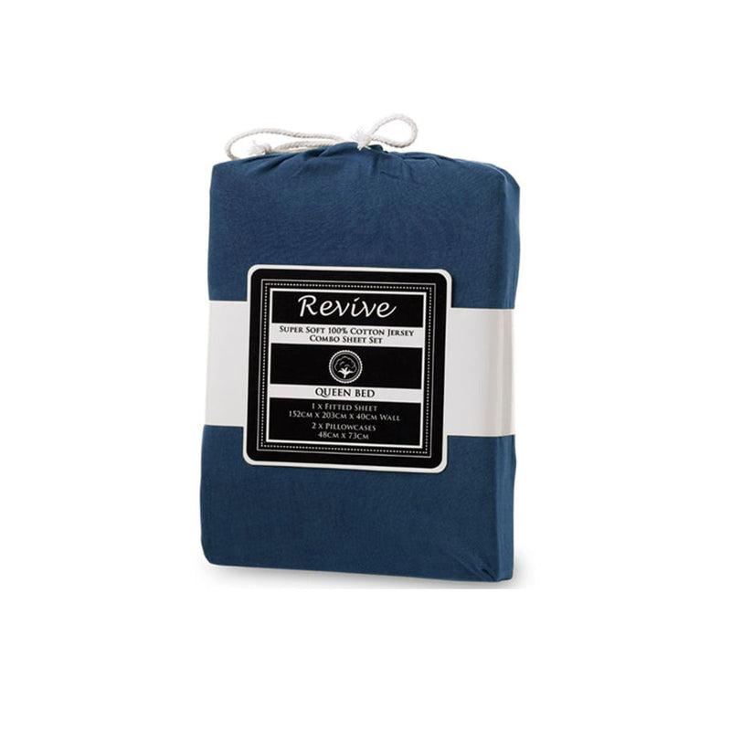 Revive Blue 100% Cotton Jersey Super Soft Fitted Sheet Combo Set Double 38cm Wall Payday Deals