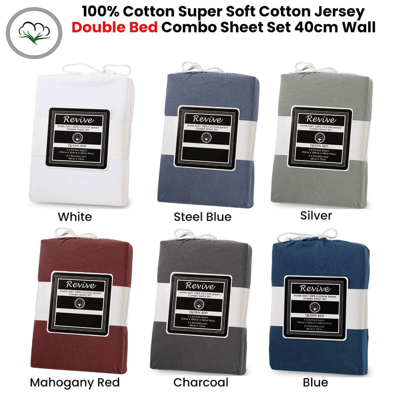 Revive Blue 100% Cotton Jersey Super Soft Fitted Sheet Combo Set Double 38cm Wall Payday Deals