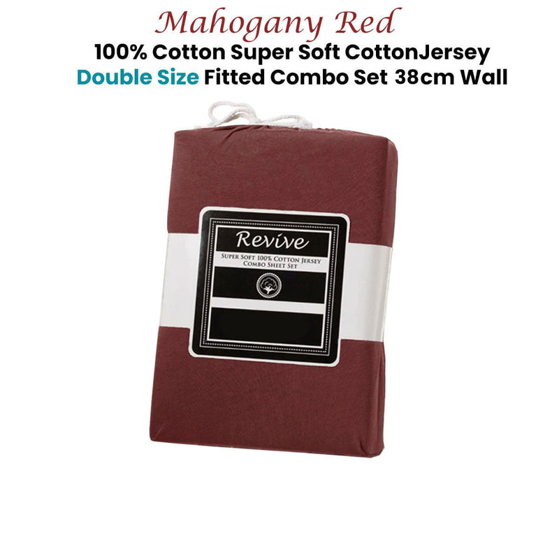 Revive Mahogany Red 100% Cotton Jersey Super Soft Fitted Sheet Combo Set Double 38cm Wall Payday Deals