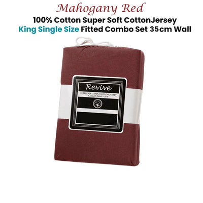 Revive Mahogany Red 100% Cotton Jersey Super Soft Fitted Sheet Combo Set King Single 35cm Wall Payday Deals