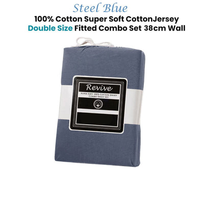 Revive Steel Blue 100% Cotton Jersey Super Soft Fitted Sheet Combo Set Double 38cm Wall Payday Deals