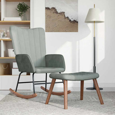 Rocking Chair with a Stool Light Grey Velvet